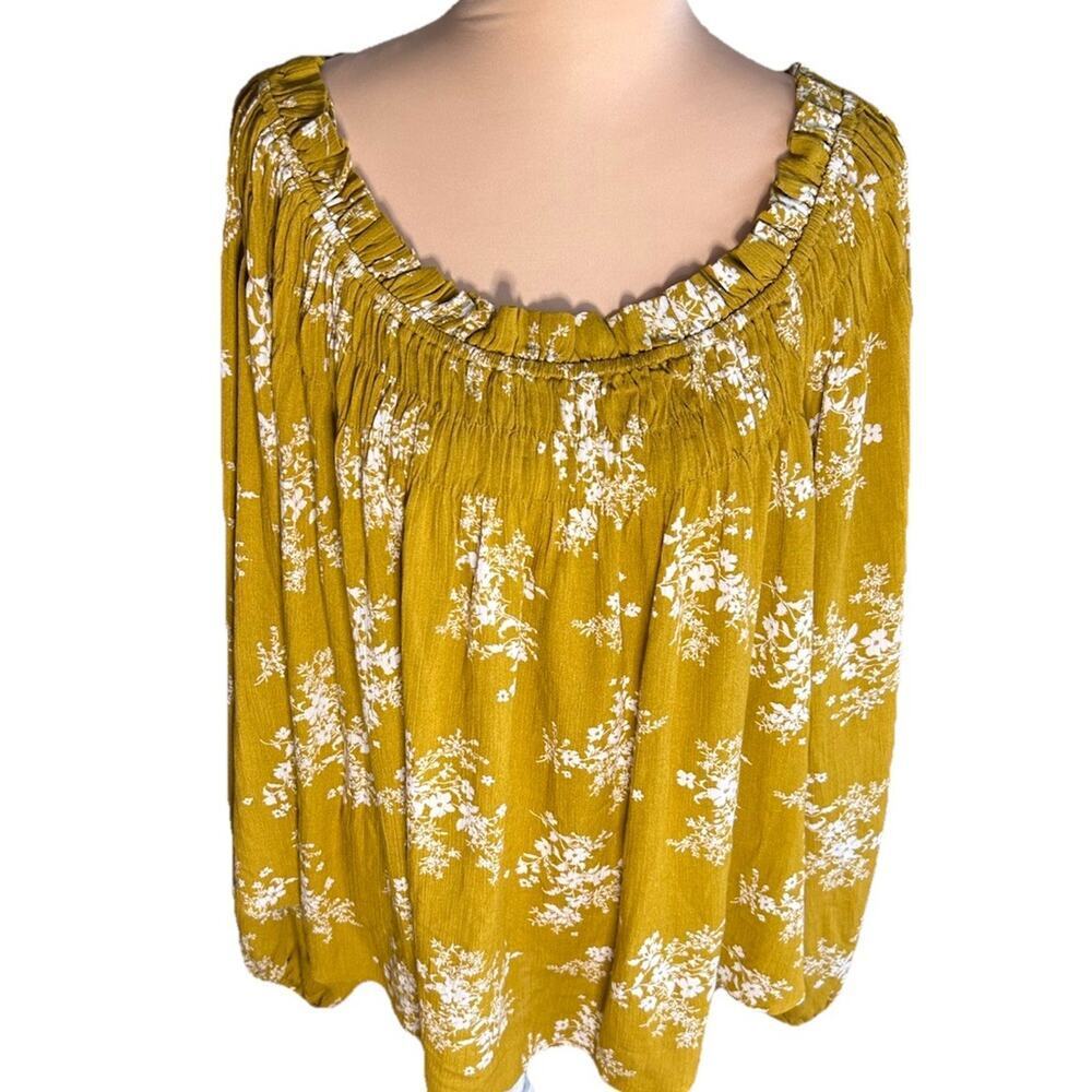 Ces Femme Ditsy Floral Smock Peasant Blouse Puff Sleeves Mustard Yellow Sz L